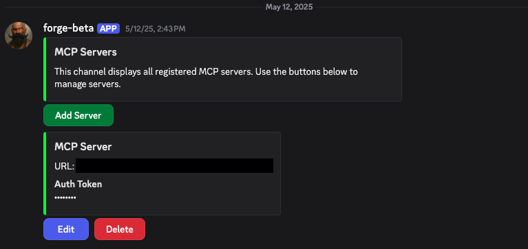 A series of Discord messages listing connected MCP servers